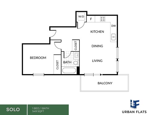 Floor plan for 1 bed, 1 bath, 549 sqft